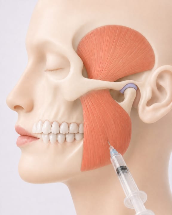 A clinician assessing the jaw and facial muscles before injectable treatment