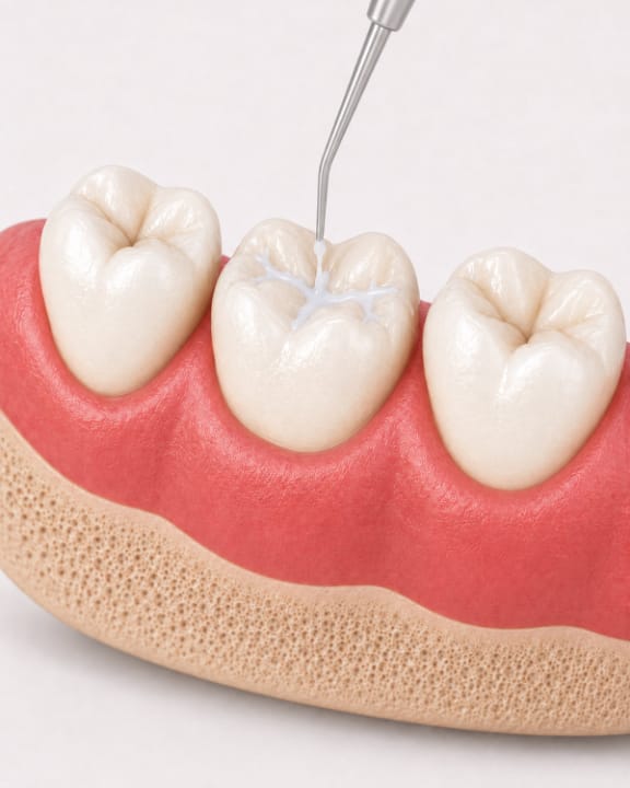 A dental sealant being applied to the chewing surface of a back tooth