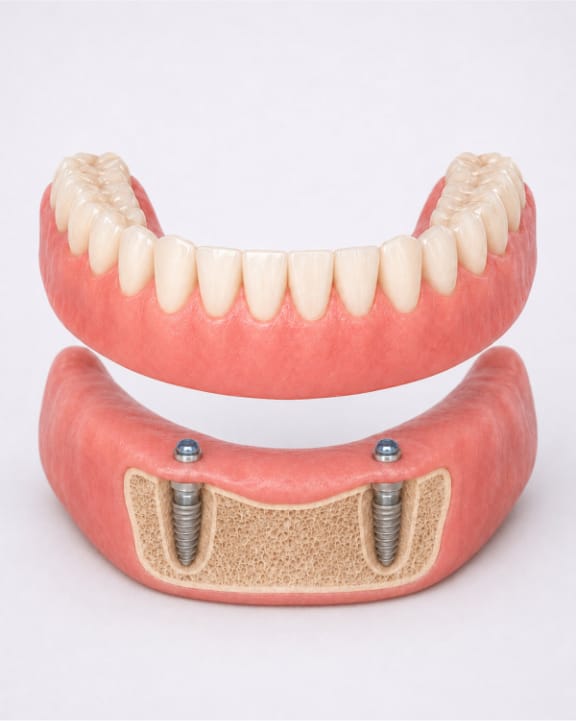 An implant-supported denture model shown to a patient at Tomlinson Dental in Tampa