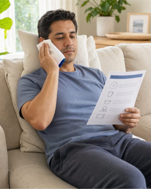A patient resting comfortably at home after oral surgery