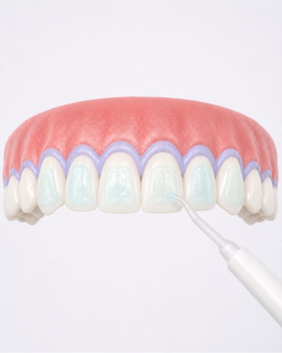 A shade guide held beside a patient’s smile during a whitening consultation