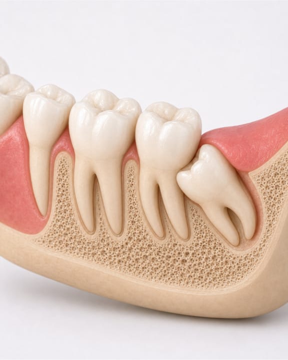 A dental X-ray showing the position of the wisdom teeth
